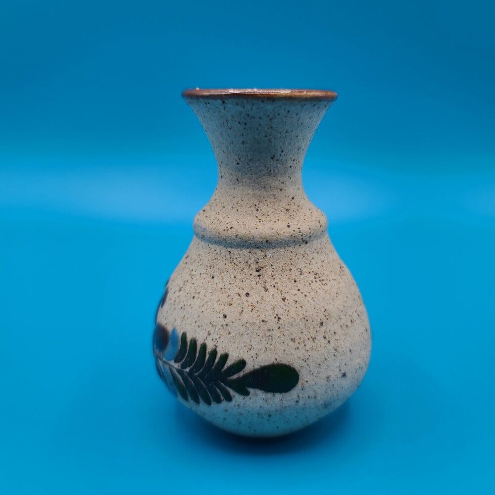 Art Pottery Tonala Mexico Floral Fern Mexican Folk Art Vase Signed Sandstone - Picture 2 of 8